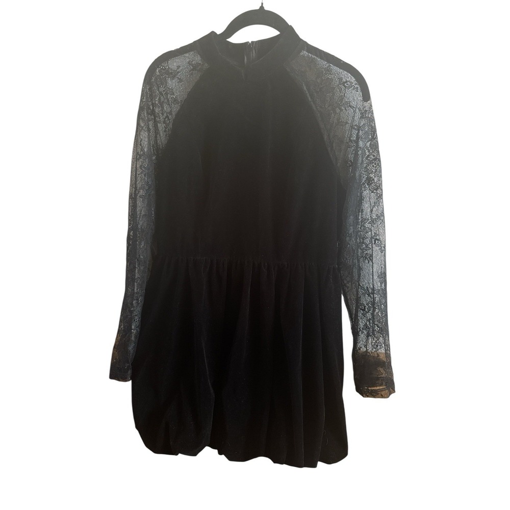 NWT Code Black Velvet Dress Lace‎ Sleeves Medium Peplum Gathered Hem Whimsigoth